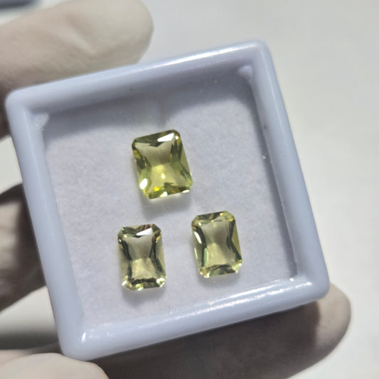 Natural Lemon Quartz Gemstones – 3 Pcs | 9–10mm Emerald Cut | Bright Yellow