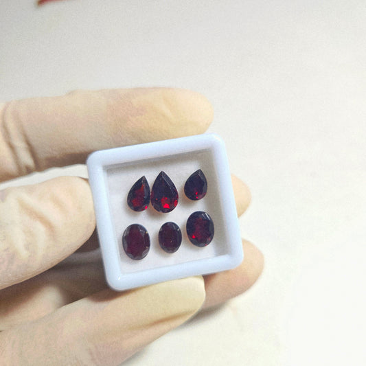 Natural Red Garnet Faceted Gemstone – 6 Pcs | 6–8mm Pear & Oval Cut | Loose Gemstones for Jewelry Making